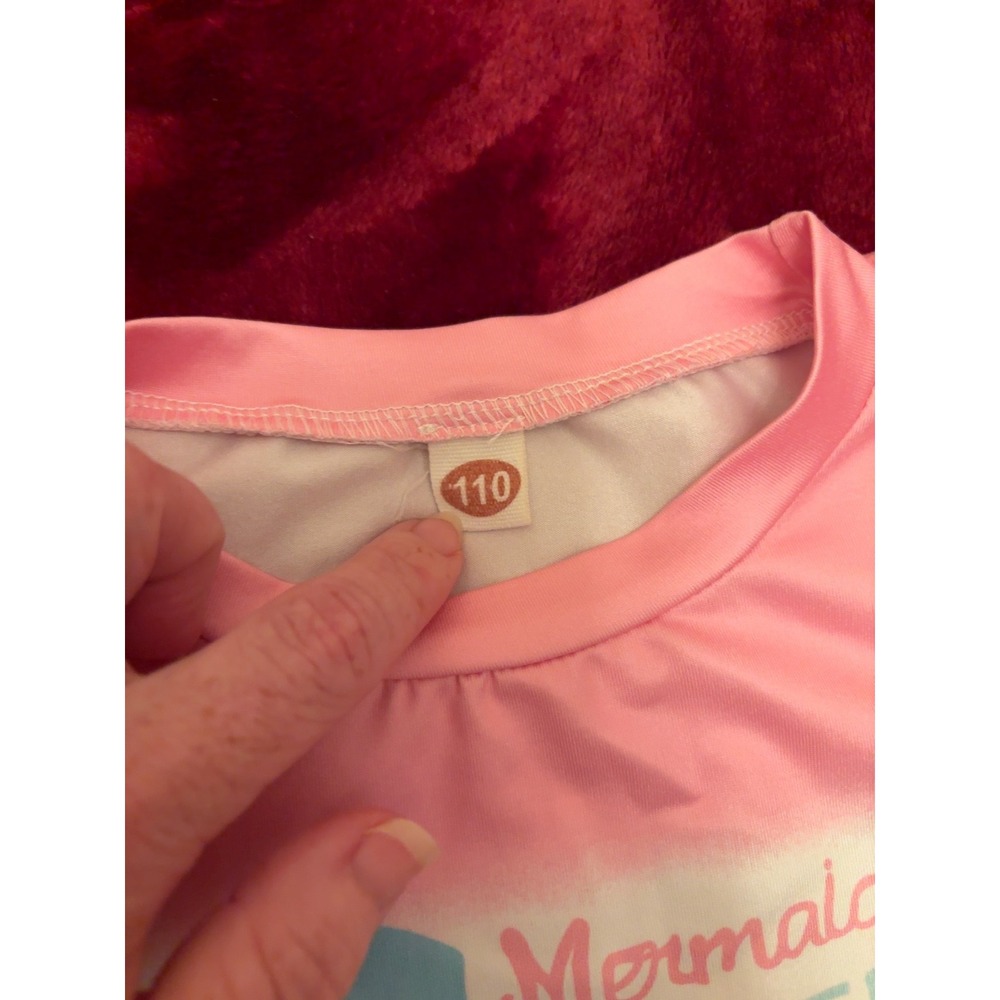 Girls Mermaid Hair Don't Care Pink Graphic Tee and Blue Scale Bell Bottom Set 4 - Picture 4 of 4